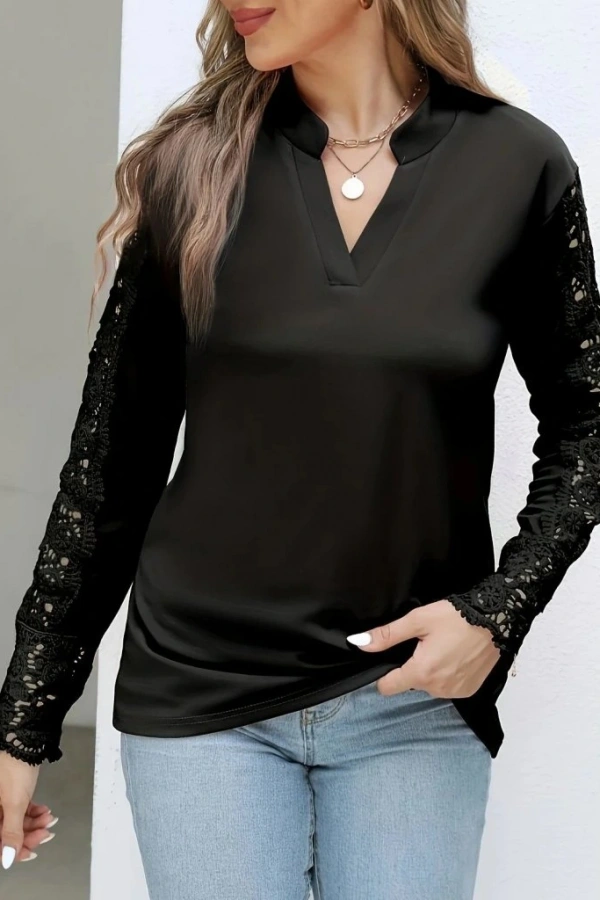 Kadın Uzun Kollu Hakim Yaka Kolları Dantel Detaylı Ithal Krep Bluz