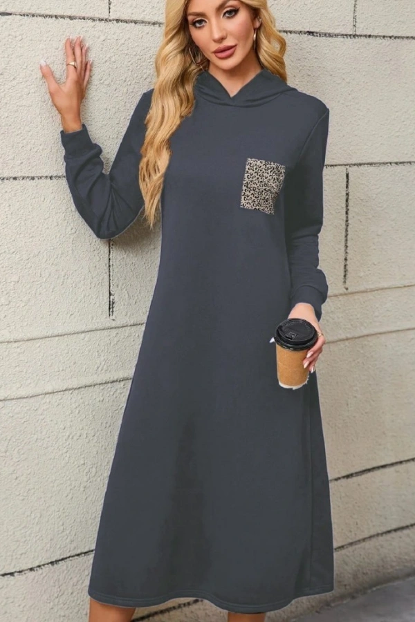Kadın Uzun Kollu Kapşonlu Cep Detaylı Viskon Iki Iplik Maxi Elbise