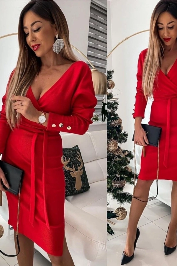 Kadın Uzun Kollu Kruvaze Yaka Bağcık Detay Akrilik Mini Boy Elbise