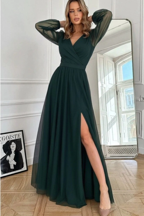 Kadın Uzun Kollu Kruvaze Yakalı Belden Kuşaklı Tüllü Uzun Ithal Krep Elbise