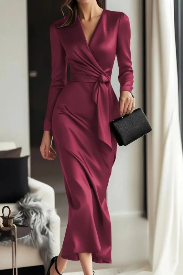Kadın Uzun Kollu Kruvaze Yakalı Beli Kuşaklı Uzun Saten Elbise