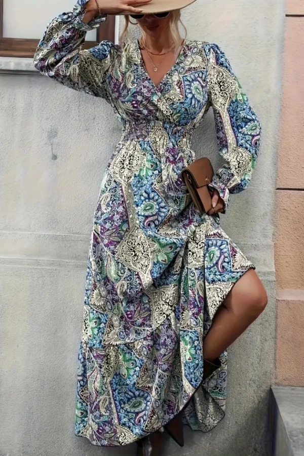 Kadın Uzun Kollu Kruvaze Yakalı Desenli Süprem Maxi Elbise