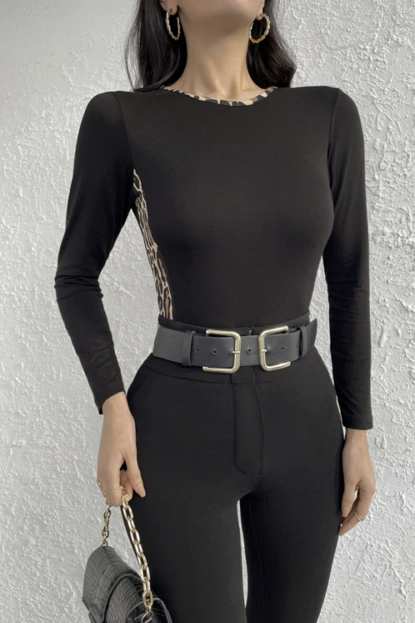 Kadın Uzun Kollu Leopar şeritli Viskon Bluz