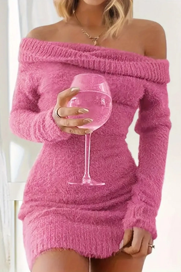 Kadın Uzun Kollu Omuzlardan Açık Kısa şardonlu Triko Elbise