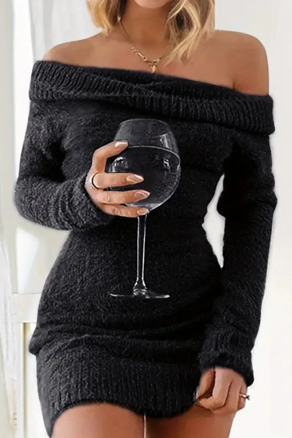 Kadın Uzun Kollu Omuzlardan Açık Kısa şardonlu Triko Elbise