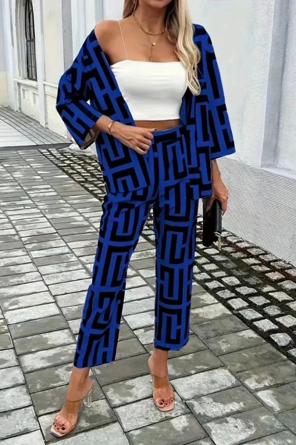 Kadın Uzun Kollu önü Açık Desenli Iki Iplik Ceket Ve Pantolon Ikili Takım