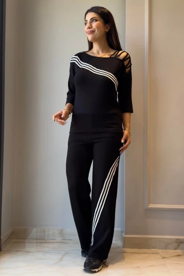 Kadın Uzun Kollu Truvakar Kol Tek Omuz çapraz şerit Detaylı Ribanalı Viskon Iki Iplik Bluz Ve Pantolon Ikili Takım