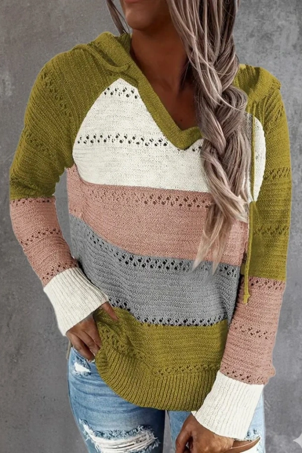 Kadın Uzun Kollu V Yakalı Bağcıklı Kapşonlu Triko Bluz