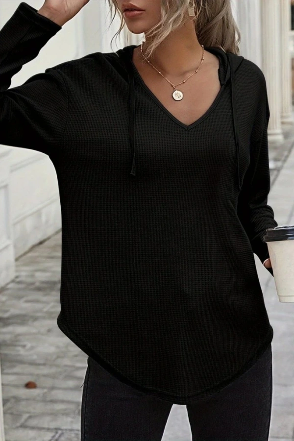 Kadın Uzun Kollu V Yakalı Kapşonlu Waffle Bluz