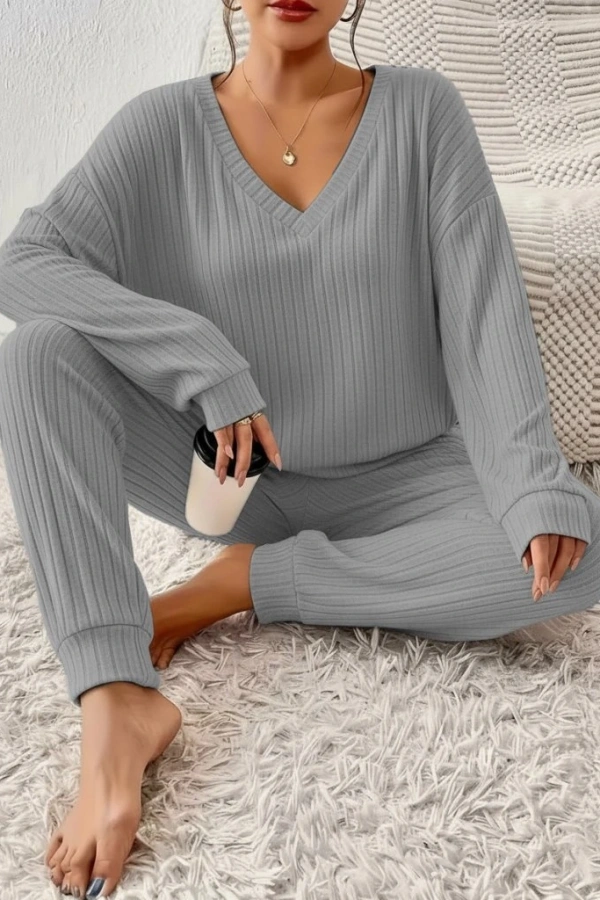 Kadın Uzun Kollu V Yakalı Kaşkorse Bluz Ve Pantolon Ikili Takım