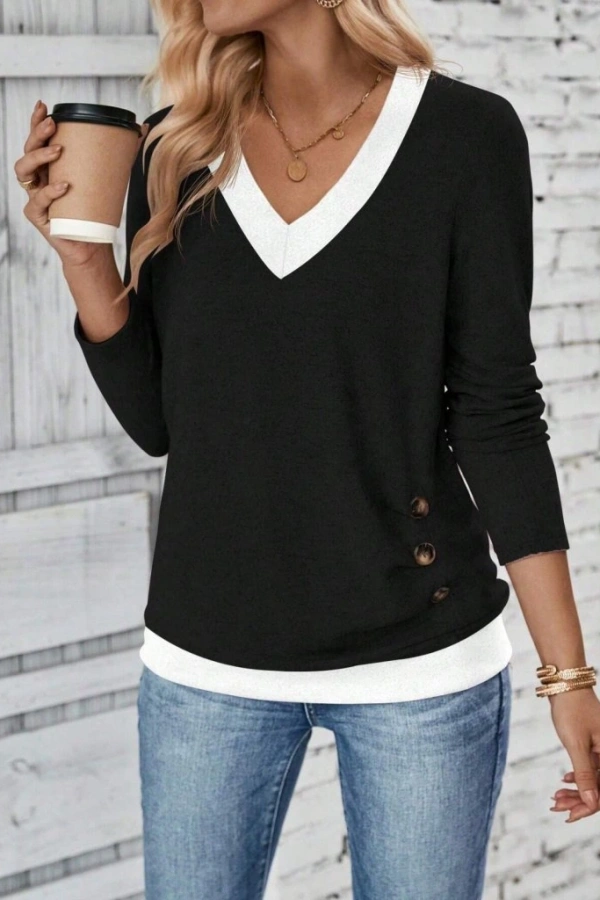 Kadın Uzun Kollu V Yakalı Yandan Düğmeli Yün Viskon Bluz