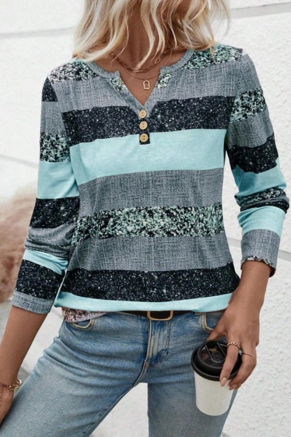 Kadın Uzun Kollu Yakadan Düğmeli çizgili Desenli Süprem Bluz