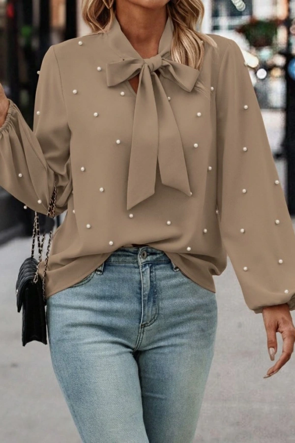 Kadın Uzun Kollu Yakadan Fiyonklu Incili Ithal Krep Bluz