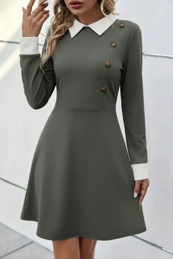 Kadın Uzun Kollu Yakalı Düğmeli çağla Yeşili Modal Mini Elbise