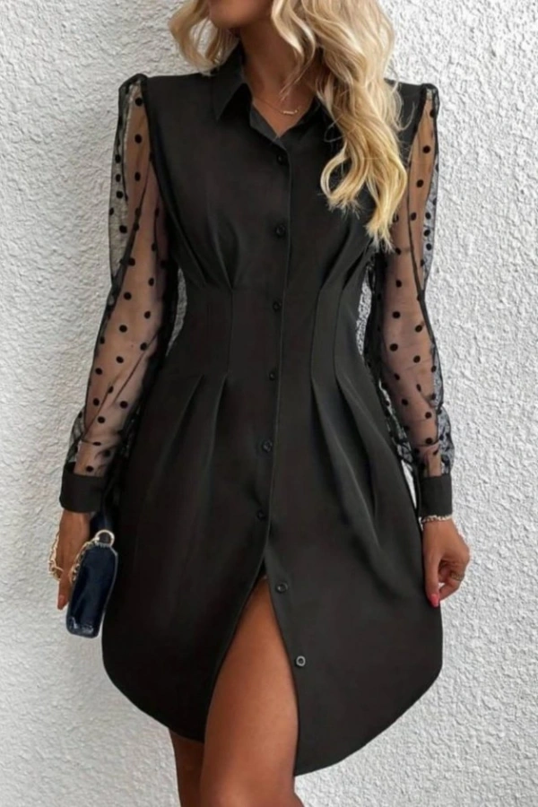 Kadın Uzun Kollu Yakalı Düğmeli Mini Ithal Krep Elbise