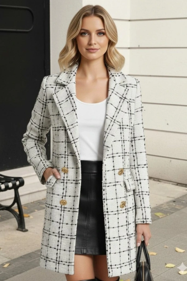 Kadın Uzun Kollu Yakalı önden Düğmeli Dokuma Ceket