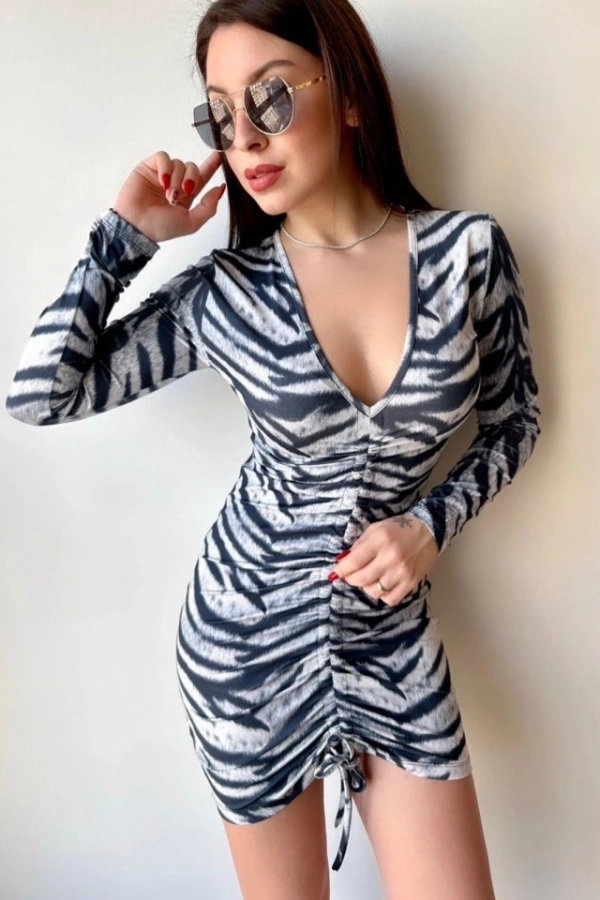 Kadın V Yaka önü Asansör Büzgü Detay Fırsat ürün Zebra Mini Elbise