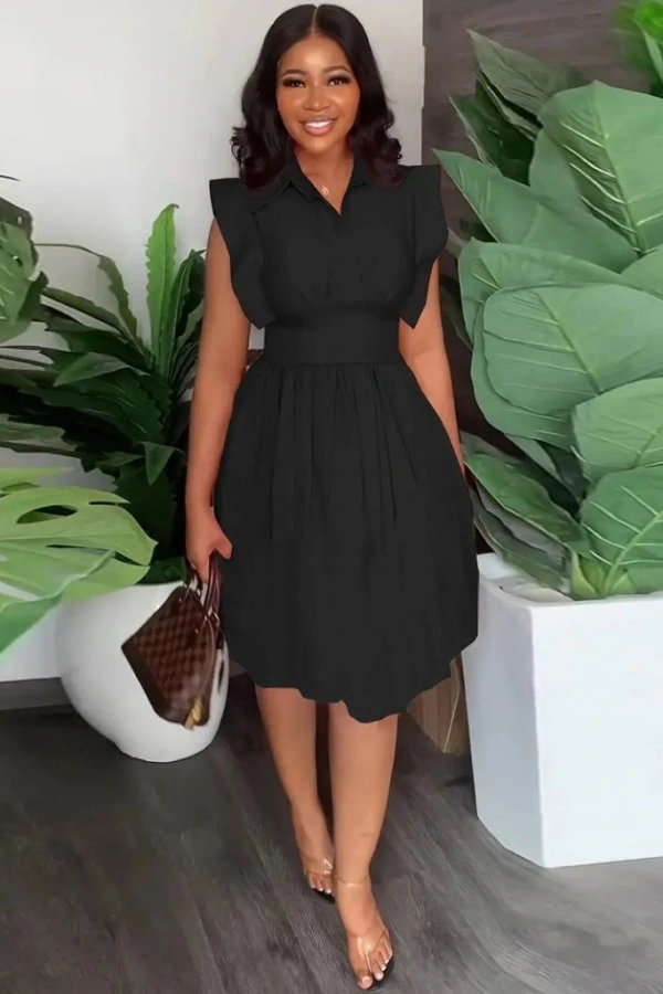 Kadın Yakalı Belden Oturmalı önden Büzgülü Dokuma Mini Elbise