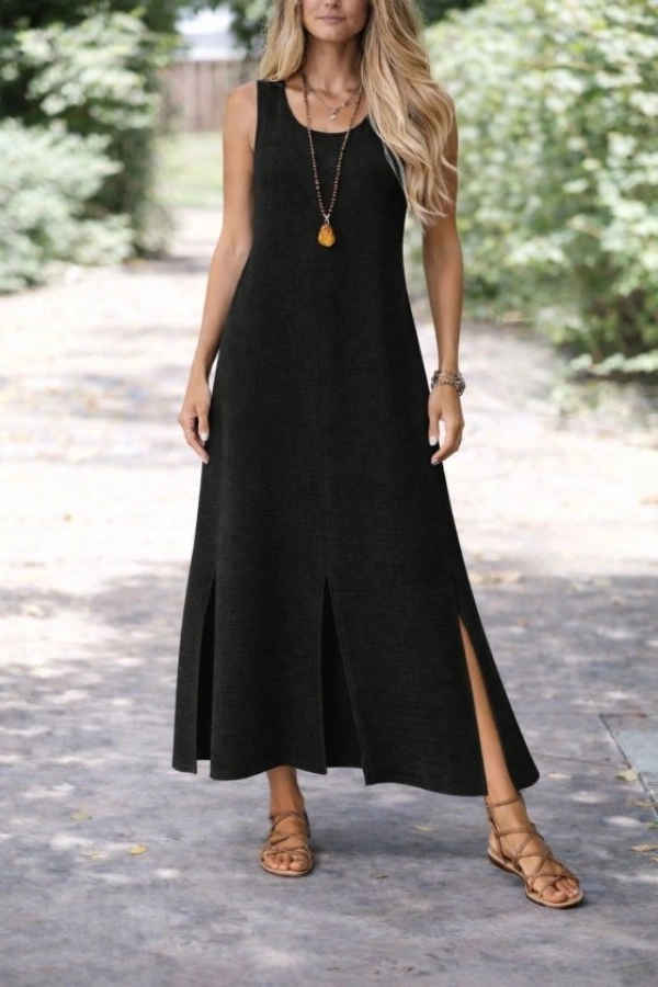 Kadın Yırtmaç Detay Kolsuz Maxi Boy Elbise