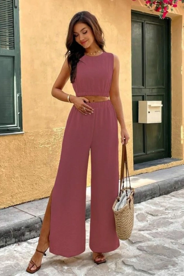 Kadın Yırtmaçlı Pantolon Lastikli Atlet Takım