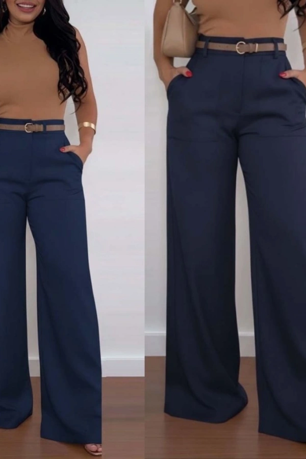 Kadın Yüksek Bel Geniş Paça Detaylı Cepli Ithal Krep Pantolon