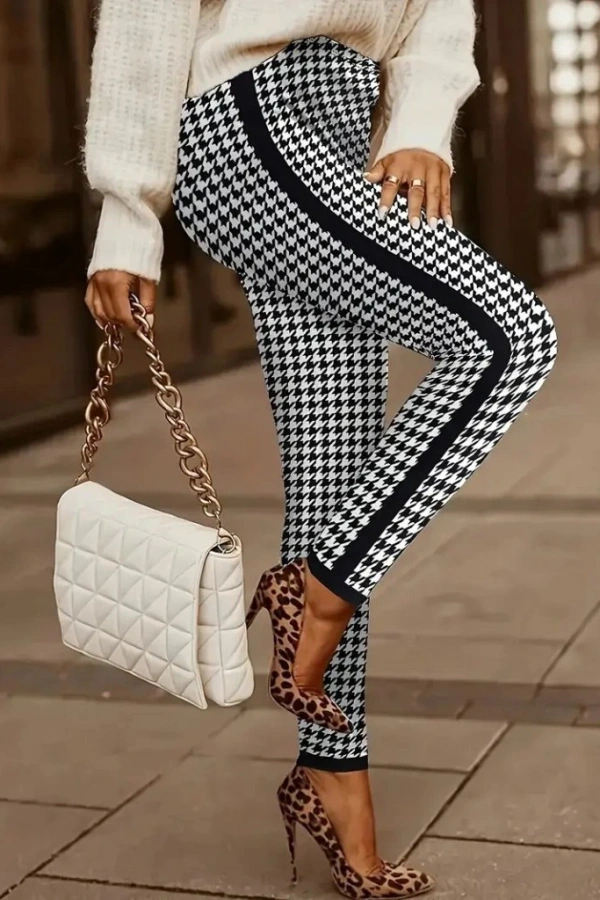 Kadın Yüksek Bel Kaz Ayağı Desenli Yanları şeritli Dalgıç Pantolon