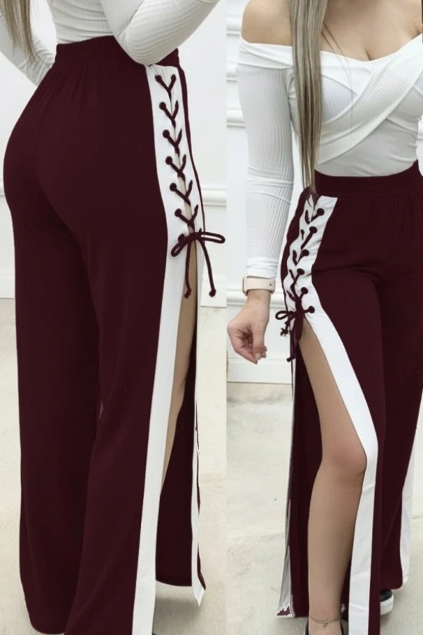 Kadın Yüksek Bel Yandan çapraz Bağcıklı Yırtmaçlı Viskon Iki Iplik Pantolon