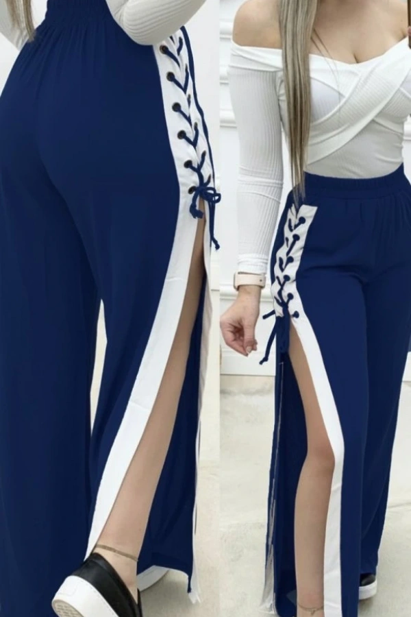 Kadın Yüksek Bel Yandan çapraz Bağcıklı Yırtmaçlı Viskon Iki Iplik Pantolon