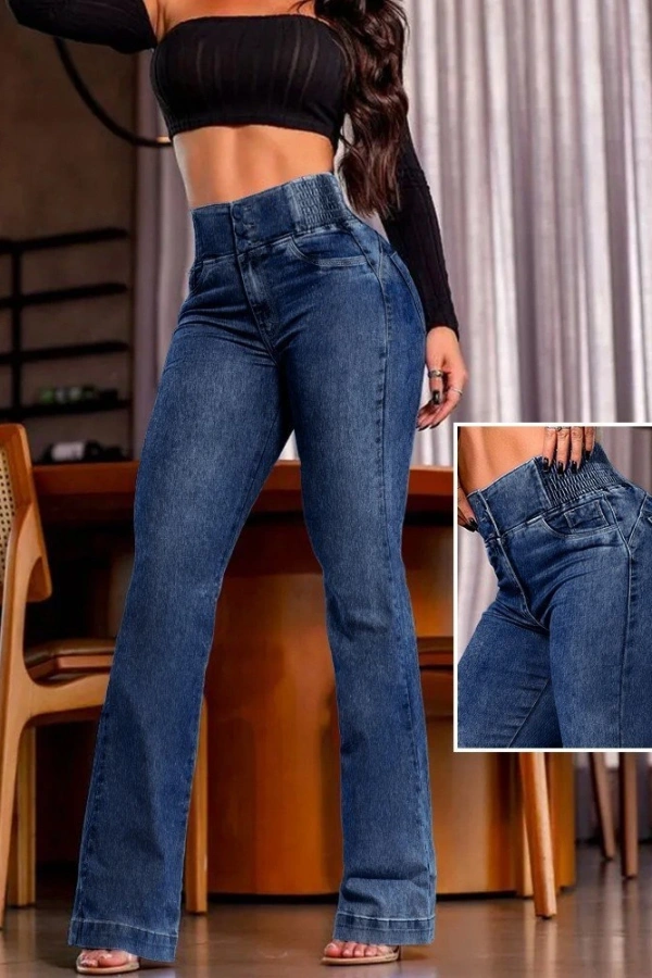 Kadın Yüksek Bel Yanları Lastik önü Düğmeli Kot Pantolon