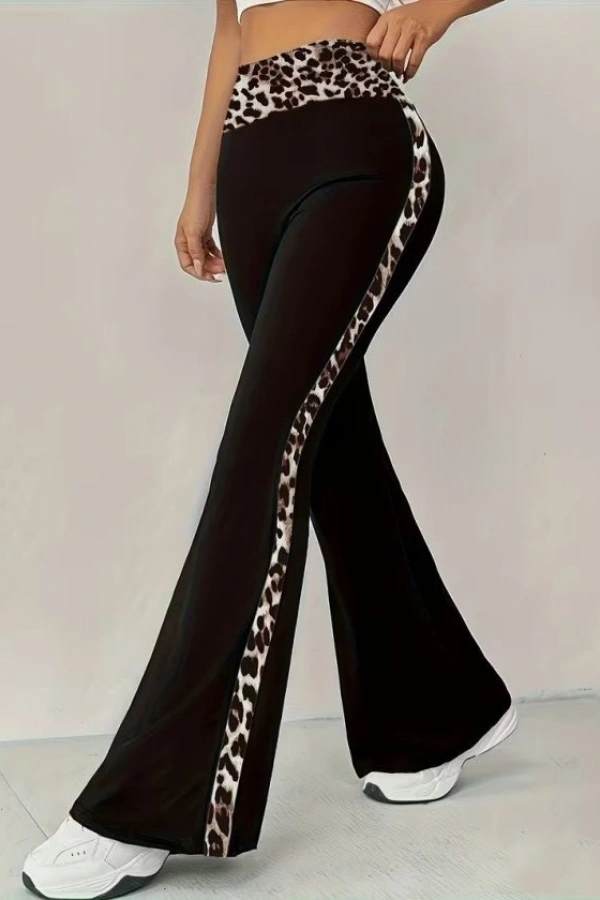 Kadın Yüksel Bel Leopar Desen Detaylı Ispanyol Paçalı Dalgıç Pantolon