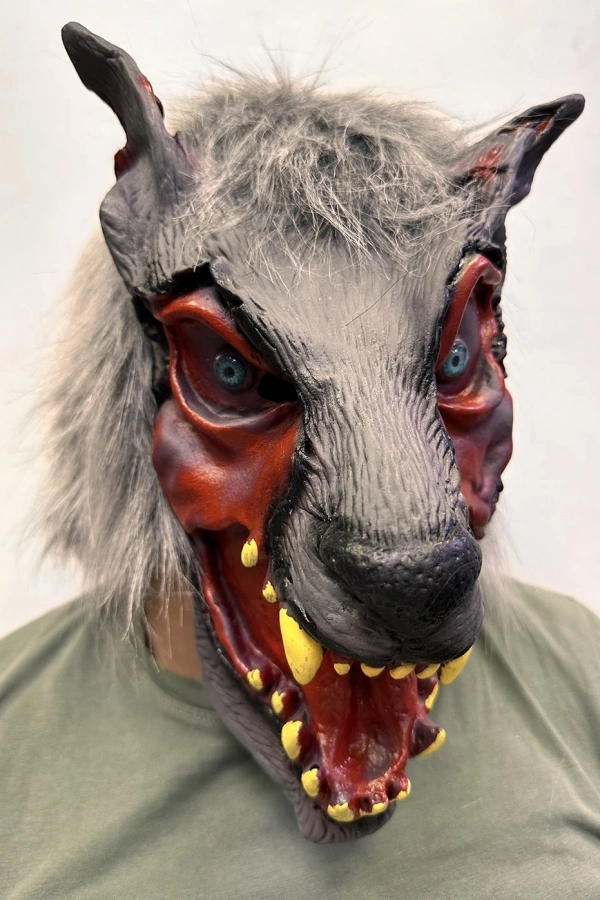 Kafaya Tam Geçmeli Lateks Dişli Ağzı Açık Kurt Maskesi