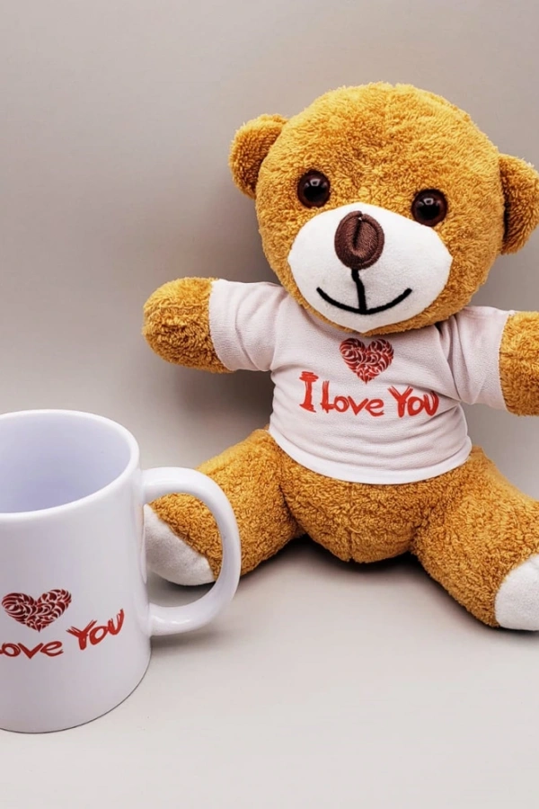 Kahverengi I Love You Tişörtlü Ayıcık ve Baskılı Kupa Seti