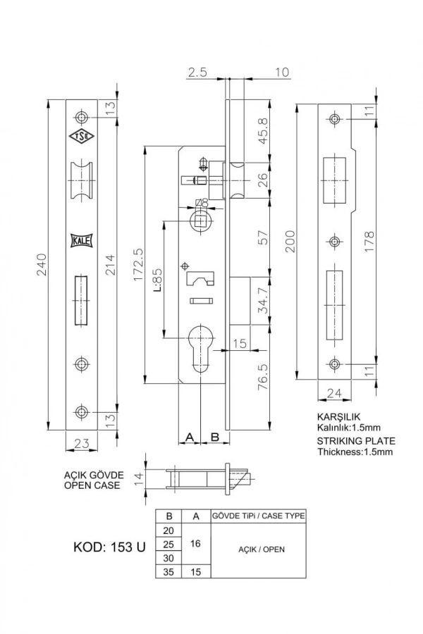 Kale 153 U 25 mm Dilli Silindirli Kilit