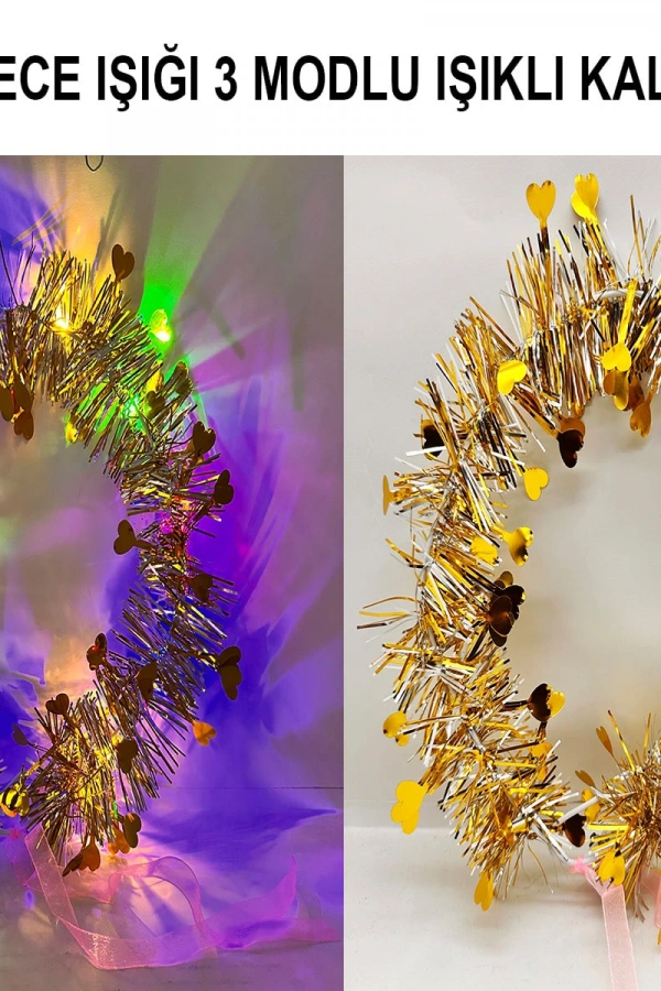 Kalp Püsküllü 3 Modlu LED Işıklı Taç Altın Renk