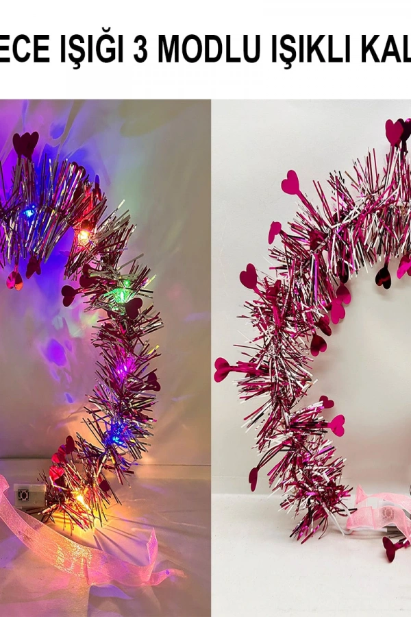 Kalp Püsküllü 3 Modlu LED Işıklı Taç Fuşya Renk