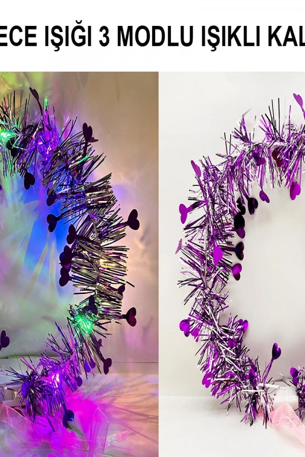 Kalp Püsküllü 3 Modlu LED Işıklı Taç Mor Renk