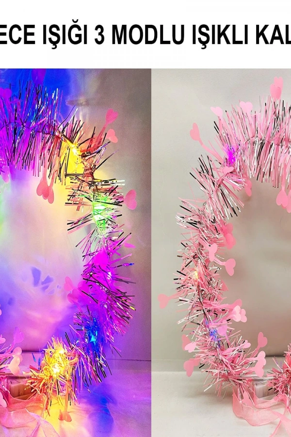 Kalp Püsküllü 3 Modlu LED Işıklı Taç Pembe Renk