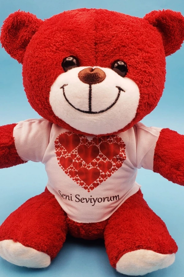 Kalpli Seni Seviyorum Tişörtlü Kırmızı Peluş Ayıcık
