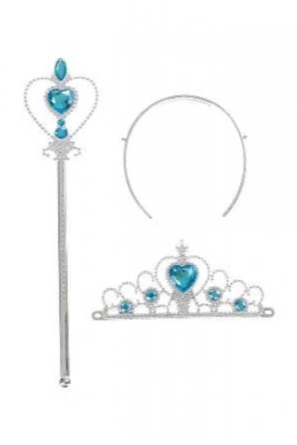 Karlar Ülkesi Elsa Mavi Kalpli Taç ve Mavi Asa Seti Çocuk Boy