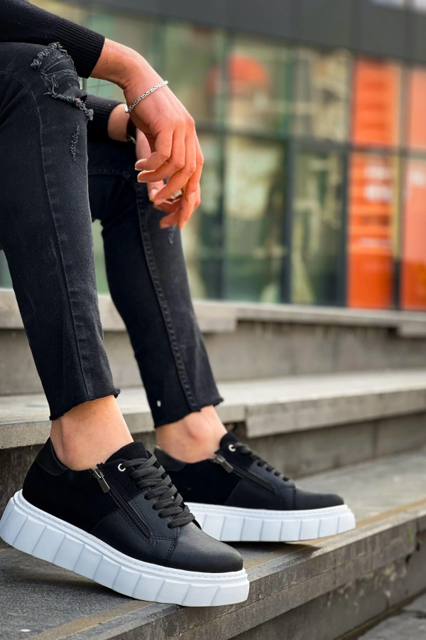 KB-X155 Kuback Siyah Cilt Siyah Süet Detaylı Beyaz Yüksek Taban Günlük Spor Ayakkabı