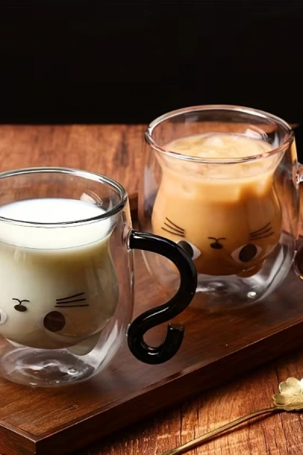 Kedi Figürlü Çift Cidarlı Cam Bardak