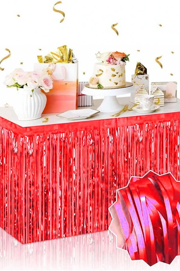 Kendinden Yapışkanlı Kırmızı Metalize Püsküllü Masa Eteği