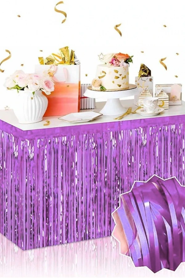 Kendinden Yapışkanlı Mor Metalize Püsküllü Masa Eteği
