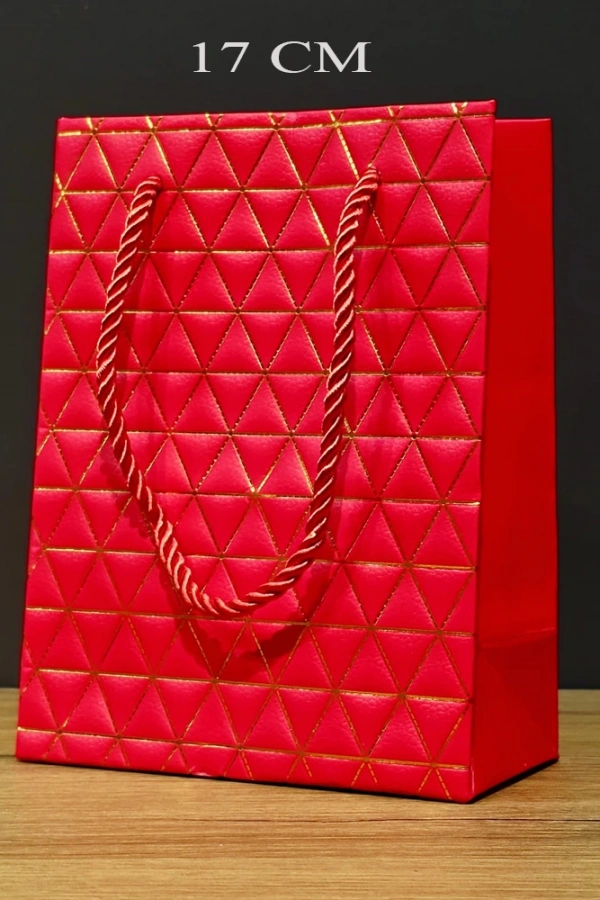 Kırmızı Geometrik Desenli Orta Boy Karton Hediye Çantası
