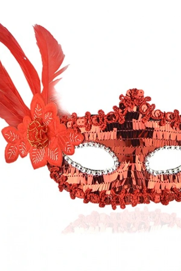 Kırmızı Payetli Pullu Tüylü Parti Maskesi