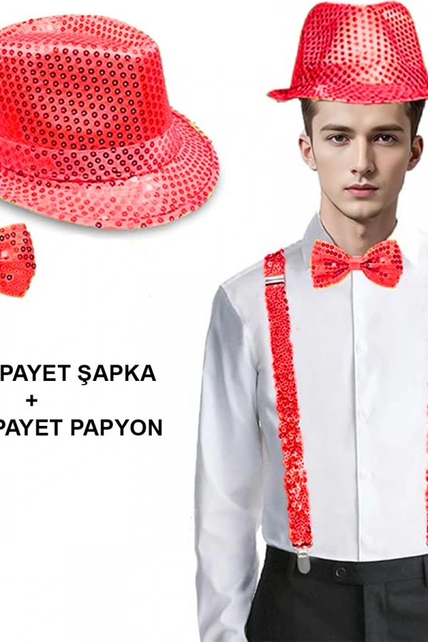 Kırmızı Payetli Şapka ve Papyon Seti – Parıltılı Yetişkin Kostüm Seti
