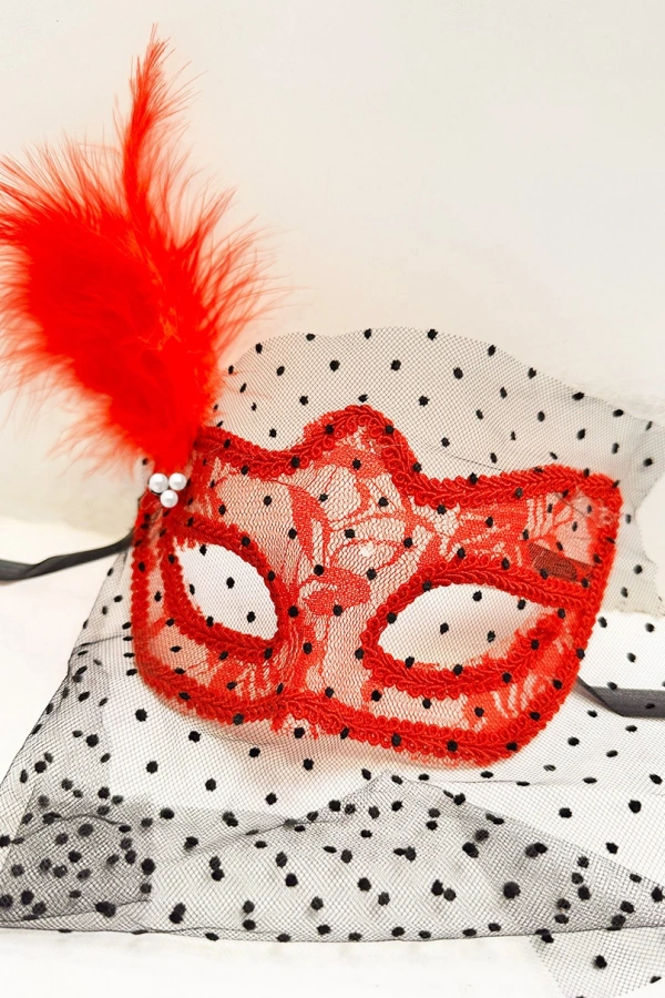 Kırmızı Renk Dantelli Duvaklı İncili Parti Maskesi Balo