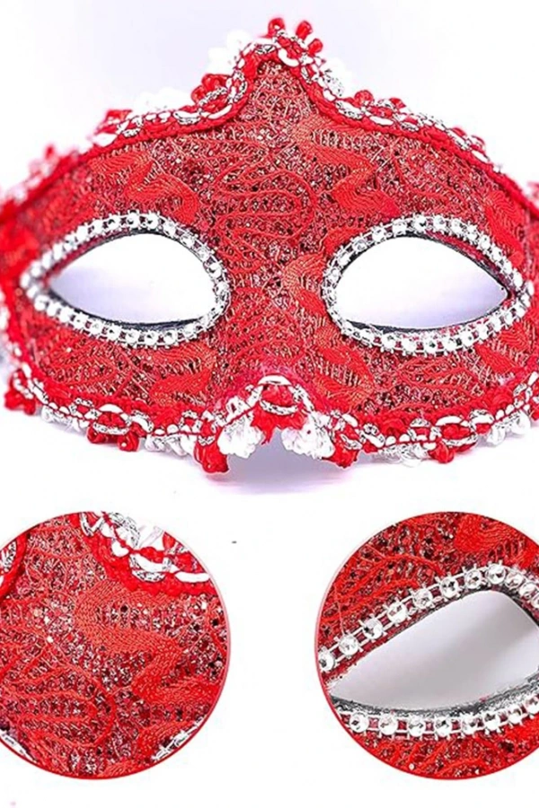 Kırmızı Renk Gözler Kristal Taşlı Dantelli Parti Maskesi