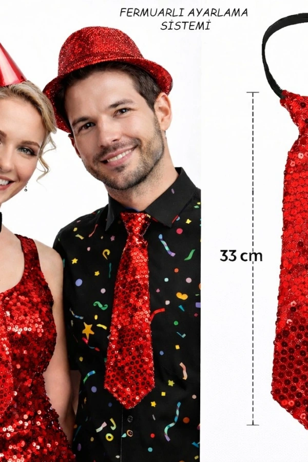 Kırmızı Renk Pul Payetli Işıltılı Parti Kravatı 33 cm