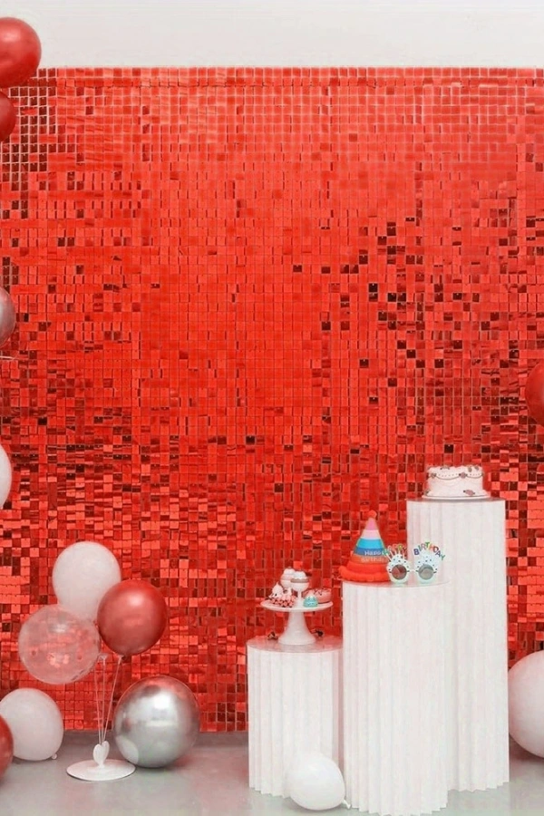 Kırmızı Simli Fon Perde 1x2 m